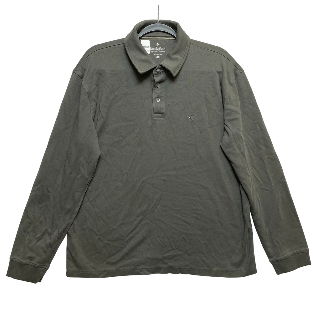Brooksfield Long Sleeve Polo Mens L Gray Green Pima Cotton Logo Embroidered GG